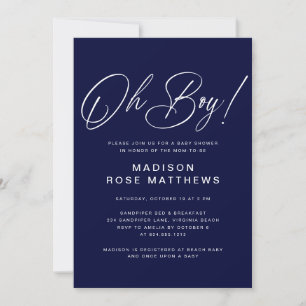 Invitación Oh Boy Escritura Moderna Azul Marino Baby Shower