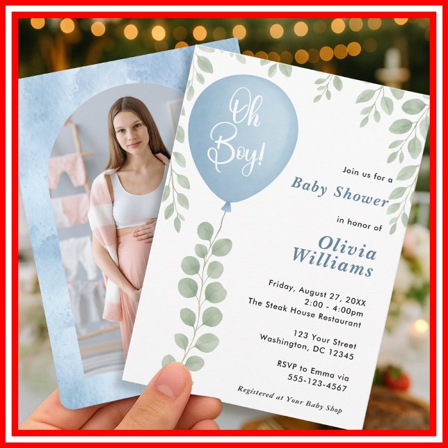 Invitación Oh Boy Eucalyptus Baby Shower Blue Balloon PHOTO (Subido por el creador)