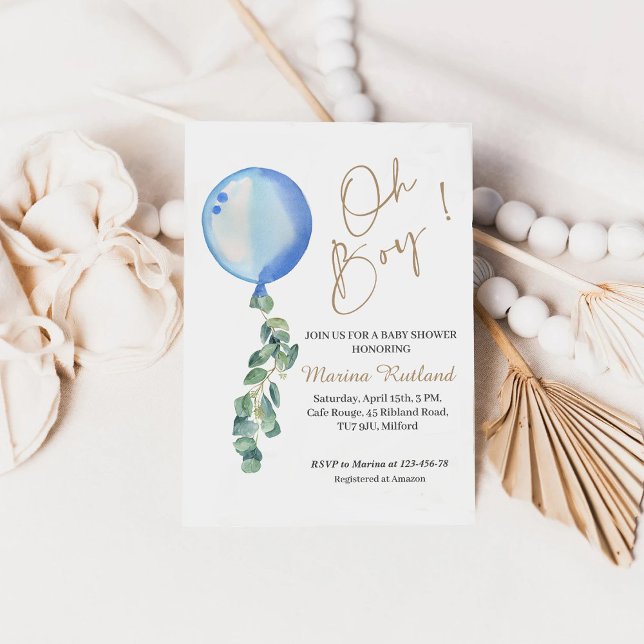 Invitación Oh Boy Eucalyptus Blue Balloon Baby Shower (Subido por el creador)