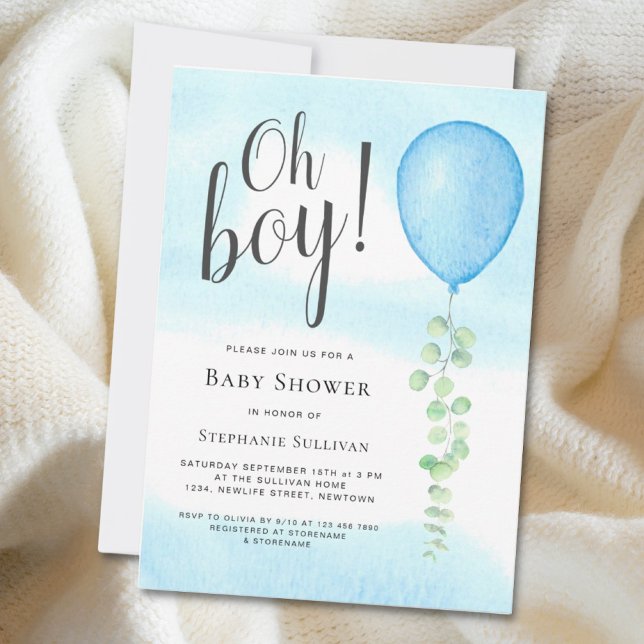 Invitación Oh Boy Eucalyptus Blue Balloon Baby Shower (Subido por el creador)