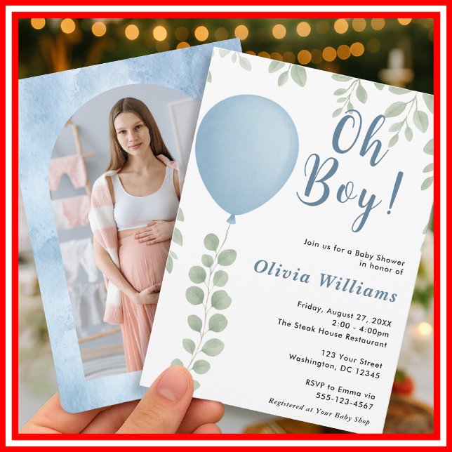 Invitación Oh Boy Eucalyptus Blue Balloon PHOTO Baby Shower (Subido por el creador)