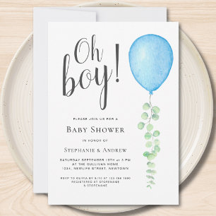 Invitación Oh Boy Eucalyptus Parejas de Globo Azul Baby Showe