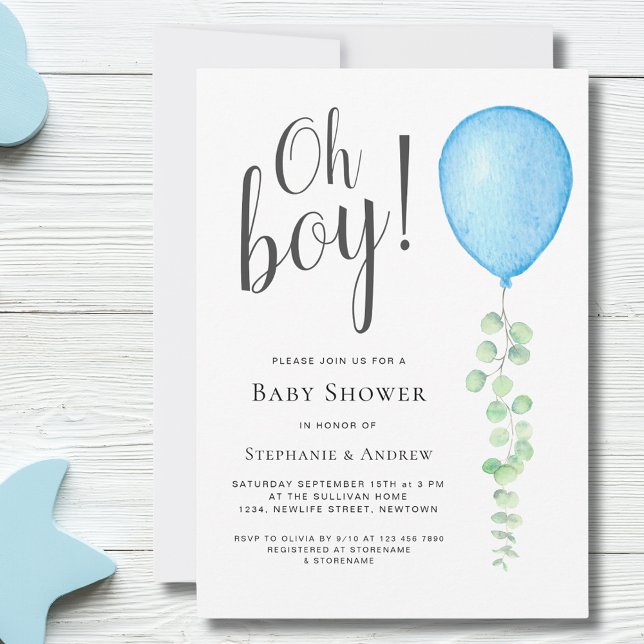 Invitación Oh Boy Eucalyptus Parejas de Globo Azul Baby Showe (Subido por el creador)