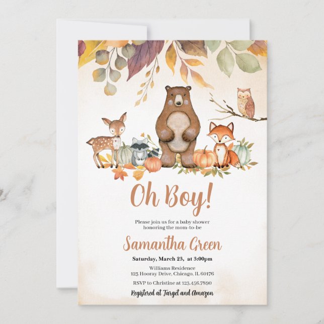 Invitación Oh Boy Fall Woodland Baby Shower (Anverso)