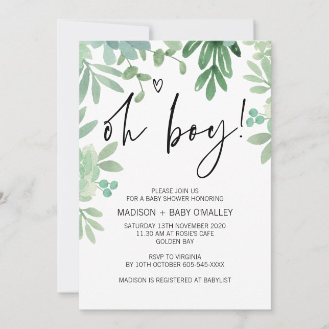 Invitación Oh Boy Fiesta Baby Shower Greenery Succulent (Anverso)