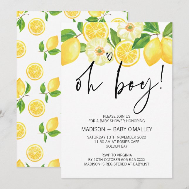 Invitación Oh Boy Fiesta Baby Shower Summer Lemon (Anverso / Reverso)