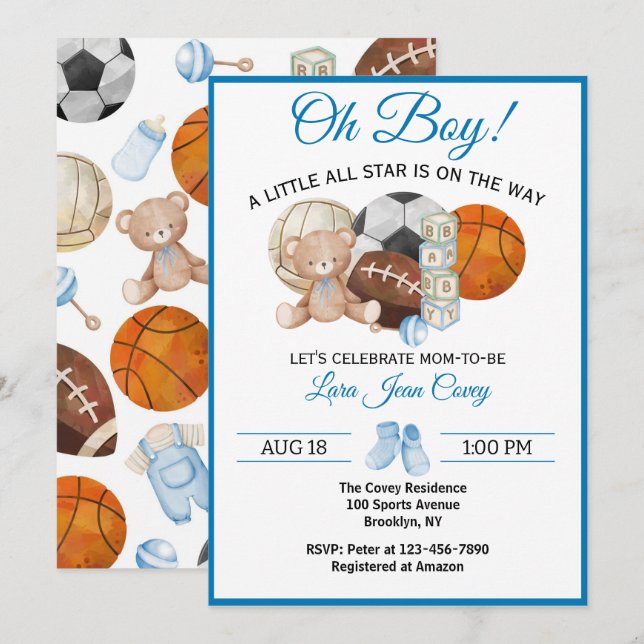 Invitación Oh Boy Fiesta de Bebé de Deportes All Star (Anverso / Reverso)