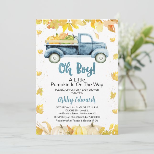 Invitación Oh Boy Foliage Little Pumpkin Truck Baby Shower (Anverso de pie)