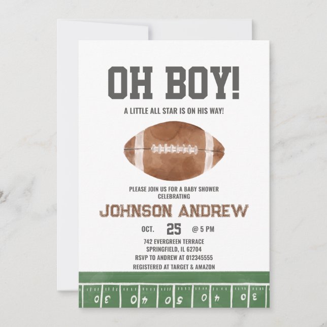 Invitación Oh Boy Football Boy Baby Shower (Anverso)