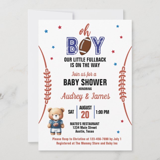 Invitación Oh Boy Football Theme Baby Shower (Anverso)