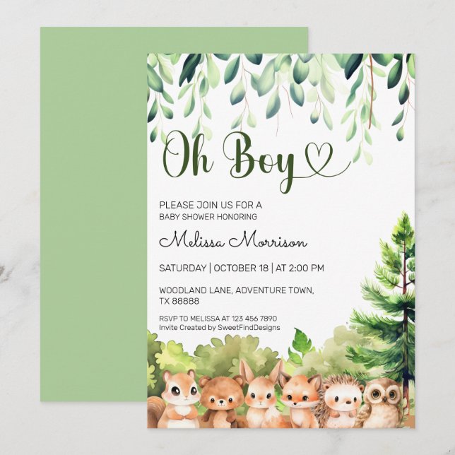Invitación Oh Boy Forest Animals Baby Boy Shower (Anverso / Reverso)