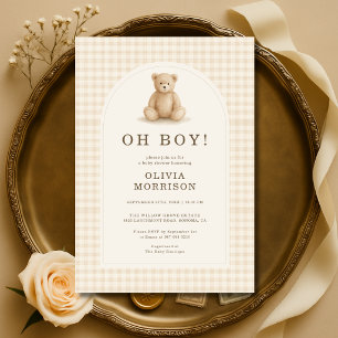 Invitación Oh Boy Gingham Teddy Bear Beige Baby Shower