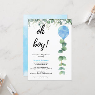 Invitación Oh Boy globo vegetación eucalipto baby shower