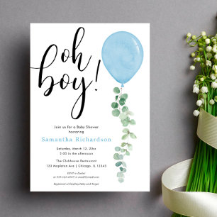 Invitación Oh Boy globo verde eucalipto bebé ducha
