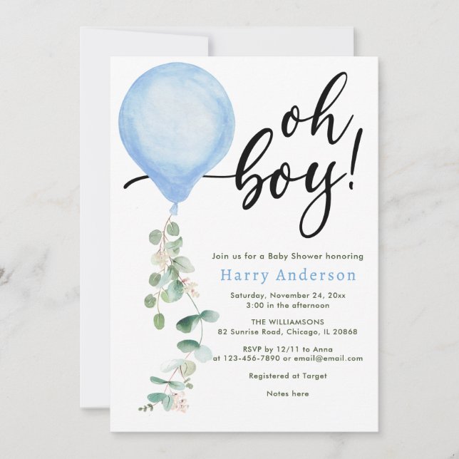 Invitación Oh Boy globo verde eucalipto ducha bebé Inv (Anverso)