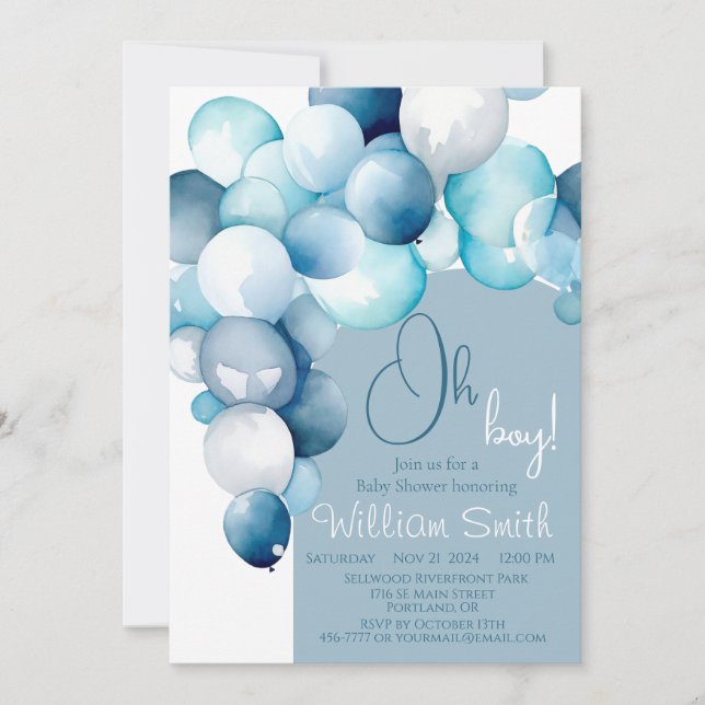 Invitación Oh Boy globos azules arco baby shower (Anverso)