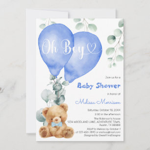 Invitación Oh Boy Globos Azules Corto Oso Bebé Ducha