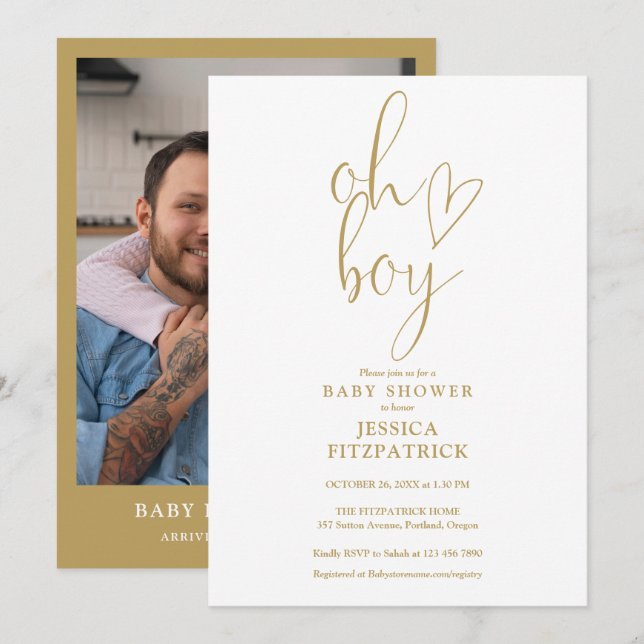 Invitación Oh Boy Gold Heart Script Boy Foto Baby Shower (Anverso / Reverso)