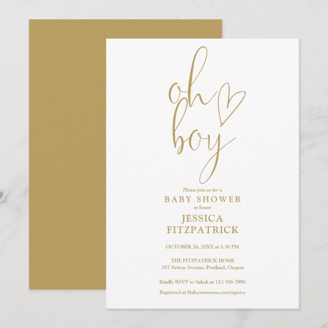 Invitación Oh Boy Gold Script Heart Boy Baby Shower (Anverso / Reverso)