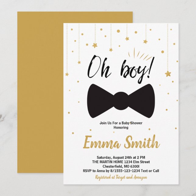 Invitación Oh Boy Gold Stars Bow tie Baby Shower (Anverso / Reverso)
