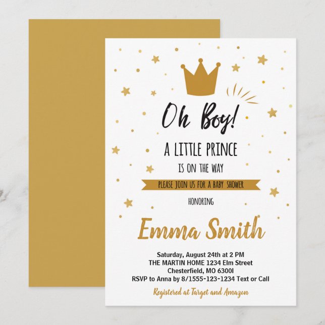 Invitación Oh Boy Gold Stars Golden Crow Baby Shower (Anverso / Reverso)