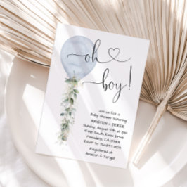Invitación Oh Boy Greenery Balloon Baby Shower, Dusty Blue