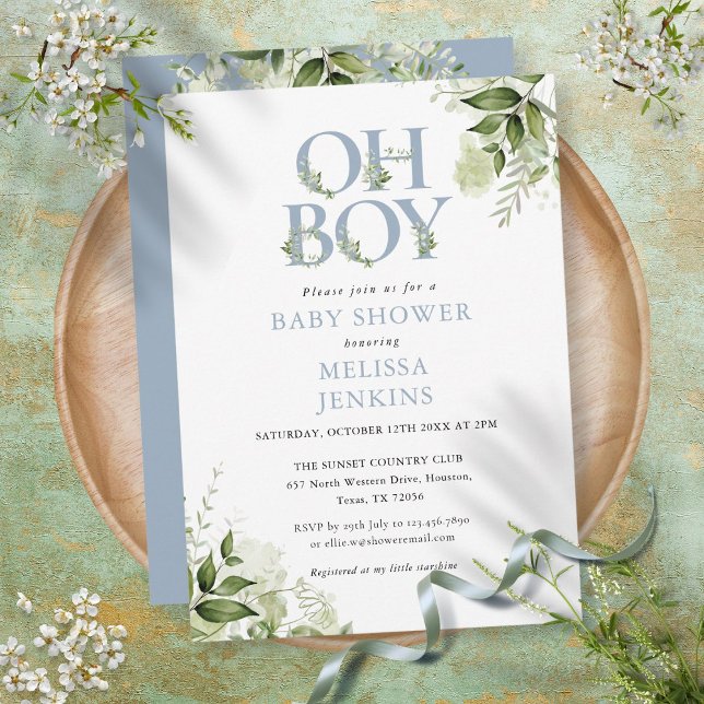 Invitación Oh Boy Greenery Botánico Dusty Blue Baby Shower (Subido por el creador)