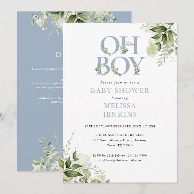 Invitación Oh Boy Greenery Dusty Blue All In One Baby Shower (Anverso / Reverso)