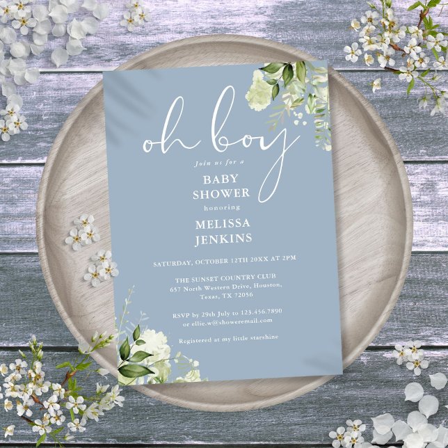 Invitación Oh Boy Greenery Dusty Blue Baby Shower (Oh Boy Greenery Dusty Blue Baby Shower Invitation)