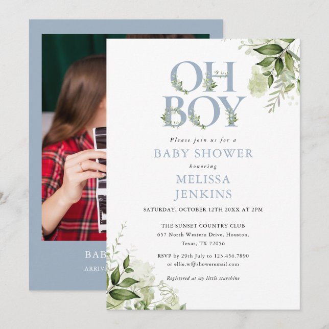 Invitación Oh Boy Greenery Dusty Blue Photo Baby Shower (Anverso / Reverso)