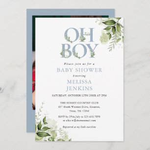 Invitación Oh Boy Greenery Dusty Blue Photo Baby Shower