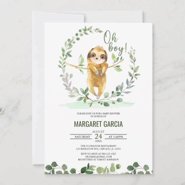 Invitación Oh Boy Greenery Floral Cute Slote Baby Shower (Anverso)