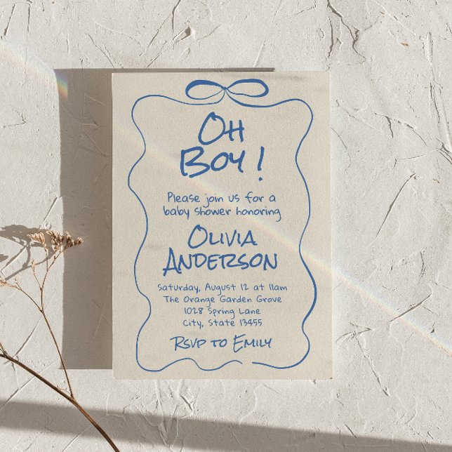 Invitación Oh Boy Hand Drake Written Blue Boy Bow Baby Shower (Subido por el creador)