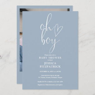 Invitación Oh Boy Heart Dusty Blue Boy Photo Baby Shower