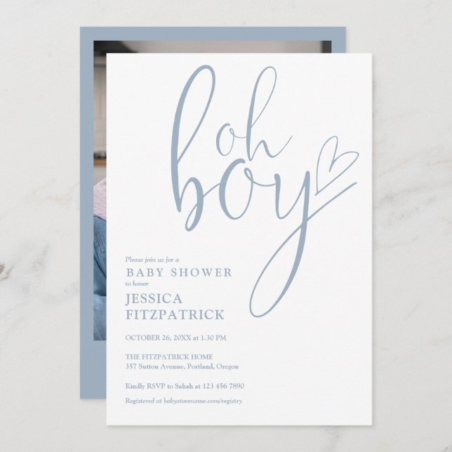 Invitación Oh Boy Heart Dusty Blue Boy Photo Baby Shower (Anverso / Reverso)