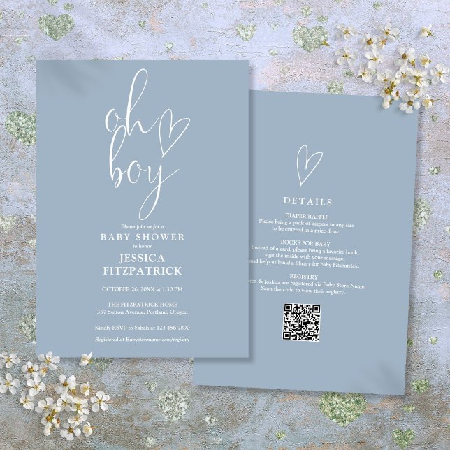 Invitación Oh Boy Heart Dusty Blue Boy Todo En Un Baby Shower (Oh Boy Heart Dusty Blue Boy All In One Baby Shower Invitation)