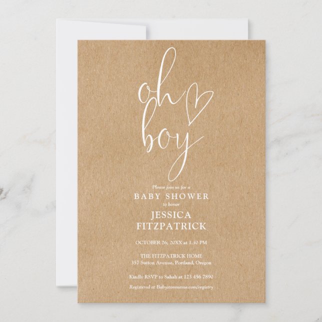 Invitación Oh Boy Heart Rustic Kraft Todo En Un Baby Shower (Anverso)