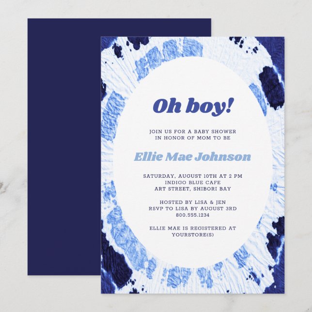 Invitación Oh Boy Indigo Blue Shibori Tye Baby Shower (Anverso / Reverso)