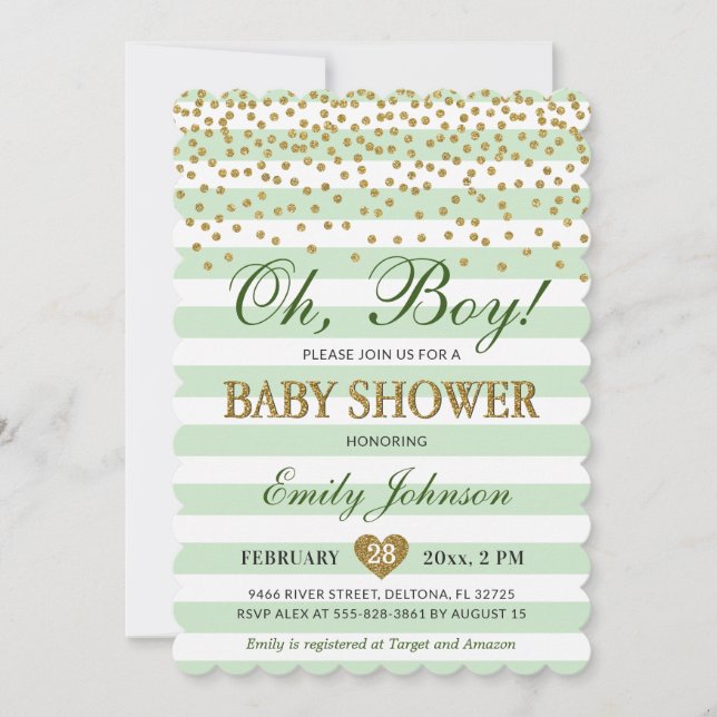 Invitación Oh Boy Light Green Khaki Gold Confetti Baby Shower (Anverso)