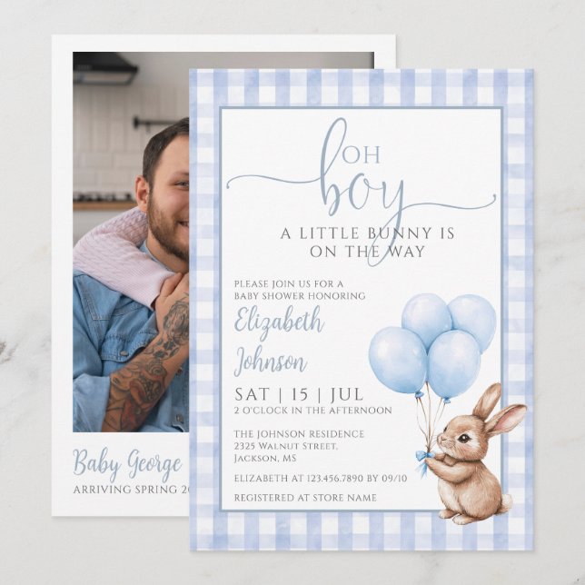 Invitación Oh Boy Little Bunny Baby Shower Código QR de Foto (Anverso / Reverso)