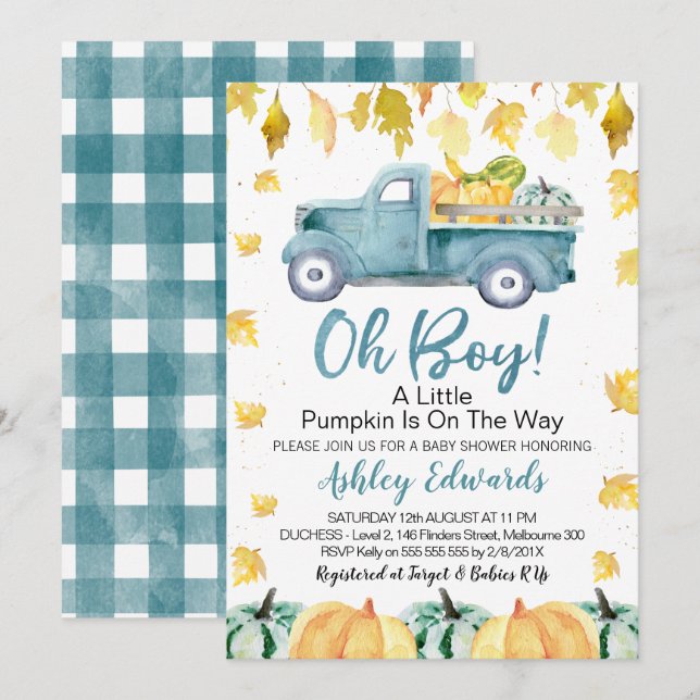 Invitación Oh Boy Little Pumpkin Truck Baby Shower (Anverso / Reverso)