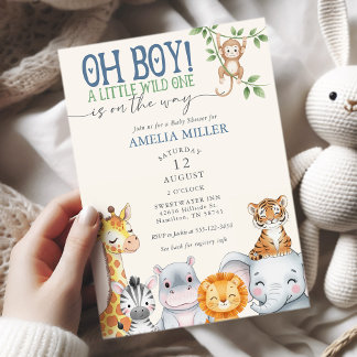 Invitación Oh Boy Little Wild One Safari Animals Baby Shower