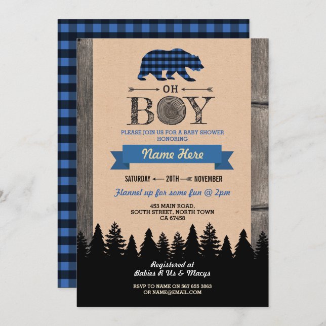 Invitación Oh Boy Lumberjack Baby Shower Blue Bear Invite (Anverso / Reverso)