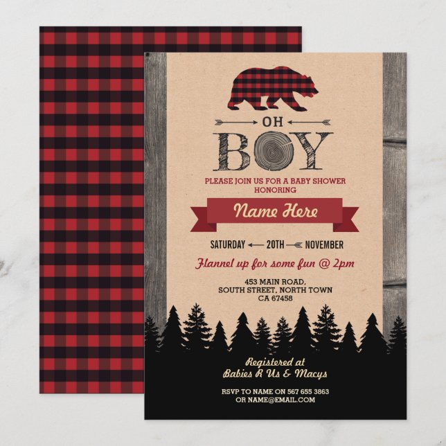 Invitación Oh Boy Lumberjack Baby Shower Red Bear Invite (Anverso / Reverso)