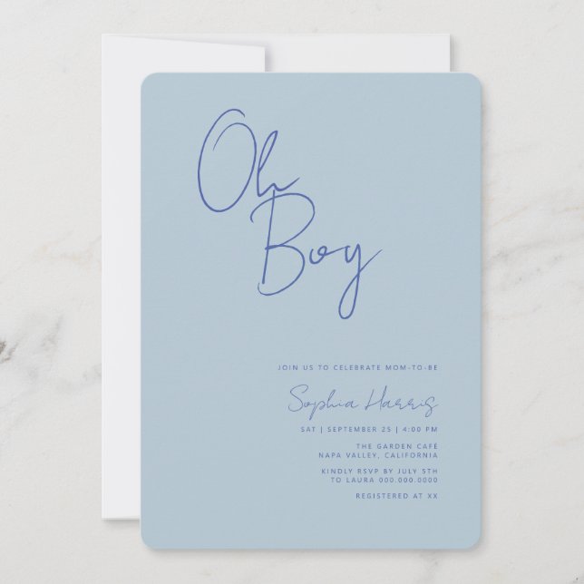 Invitación Oh Boy Minimalista Blue Baby Shower (Anverso)