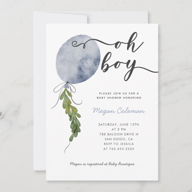 Invitación Oh Boy Modern Blue Balloon Baby Shower (Anverso)