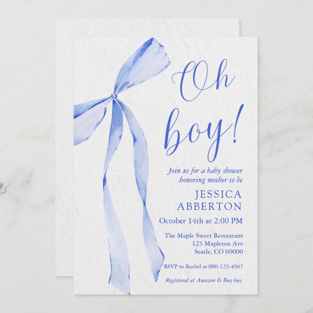 Invitación Oh boy! Modern Blue bow baby shower (Anverso / Reverso)