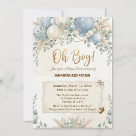 Invitación Oh boy modern eucalyptus blue balloons baby shower