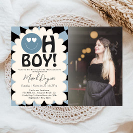 Invitación Oh Boy! Modern Groovy Blue Happy Face Baby Shower