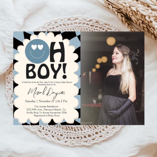 Invitación Oh Boy! Modern Groovy Blue Happy Face Baby Shower (Subido por el creador)